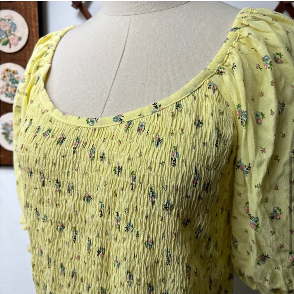 Faithfull The Brand Yellow Floral Smocked Puff Sleeve Fitted Mini Dress size 8 - Picture 5 of 10